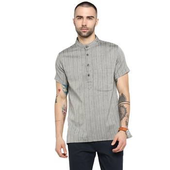 Grey Woven Cotton Stitched Short Kurta 1
