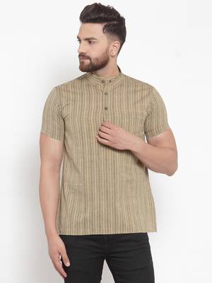 Beige Plain Cotton Stitched Short Kurta 1