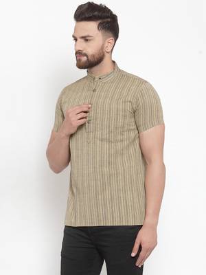 Beige Plain Cotton Stitched Short Kurta 3