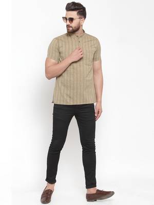 Beige Plain Cotton Stitched Short Kurta 4