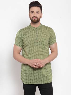 Green Plain Cotton Stitched Short Kurta 1