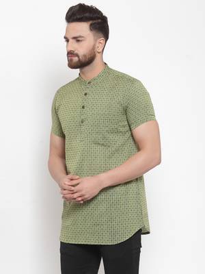 Green Plain Cotton Stitched Short Kurta 3