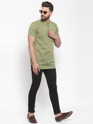Green Plain Cotton Stitched Short Kurta 4