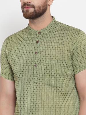 Green Plain Cotton Stitched Short Kurta 5