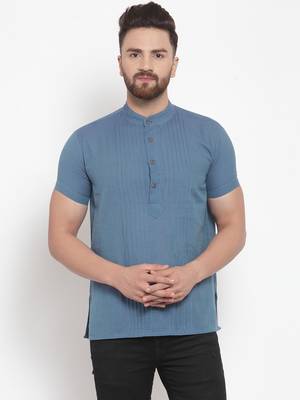 Blue Plain Cotton Stitched Short Kurta 1