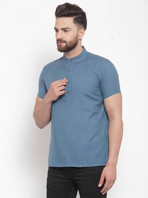 Blue Plain Cotton Stitched Short Kurta 3