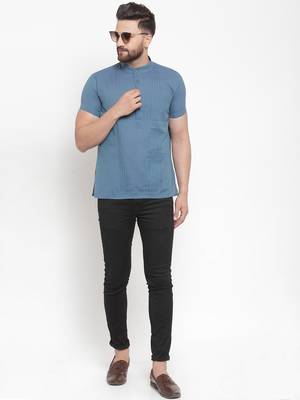 Blue Plain Cotton Stitched Short Kurta 4