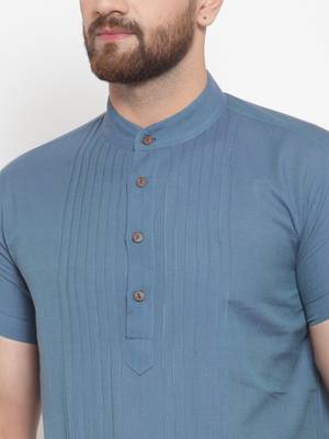 Blue Plain Cotton Stitched Short Kurta 5