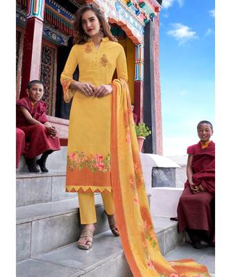 yellow printed cotton unstitched salwar with dupatta 1