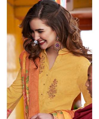 yellow printed cotton unstitched salwar with dupatta 2