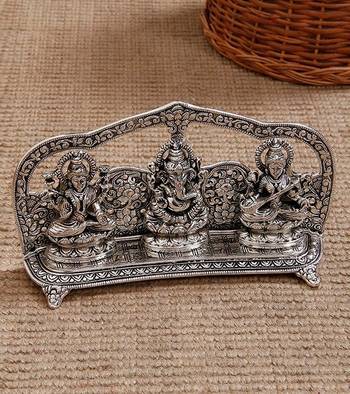 ecraftindia silver laxmi ganesha saraswati idol - decorative home figurine, 10    1