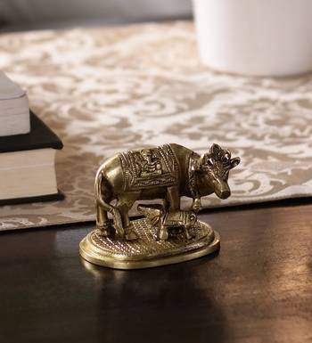 Brass Holy Kamdhenu Cow and Calf Figurine 2