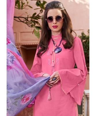 pink embroidered cotton unstitched salwar with dupatta 2