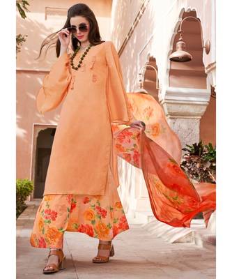 orange embroidered cotton unstitched salwar with dupatta 1