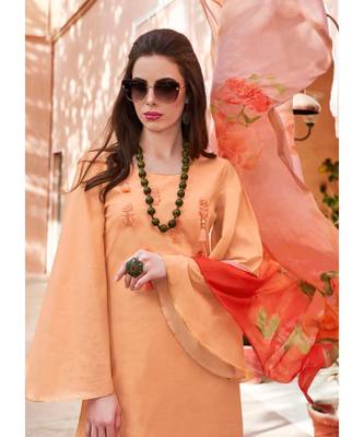 orange embroidered cotton unstitched salwar with dupatta 2