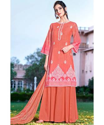 peach embroidered cotton unstitched salwar with dupatta 1