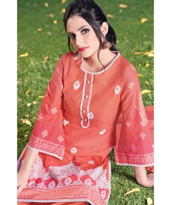 peach embroidered cotton unstitched salwar with dupatta 3