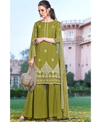 green embroidered cotton unstitched salwar with dupatta 1