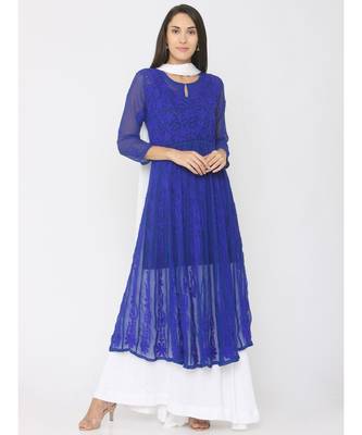 Chikankari Aari Work Blue Anarkali Kurti paired with Skirt and White Duppatta 1