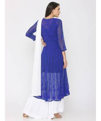 Chikankari Aari Work Blue Anarkali Kurti paired with Skirt and White Duppatta 2