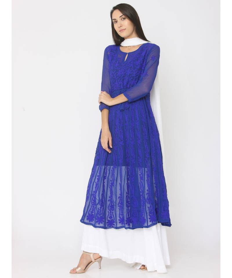 Chikankari Aari Work Blue Anarkali Kurti paired with Skirt and White Duppatta