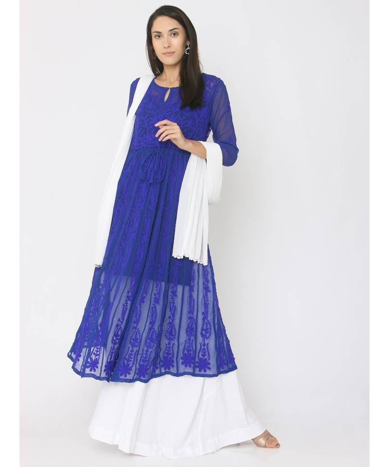 Chikankari Aari Work Blue Anarkali Kurti paired with Skirt and White Duppatta
