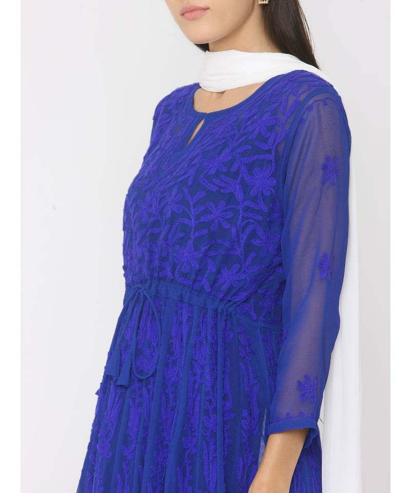 Chikankari Aari Work Blue Anarkali Kurti paired with Skirt and White Duppatta