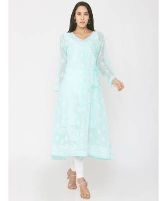 Chikankari Mint Green Kota Angrakha Kurti 1