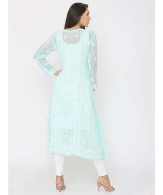 Chikankari Mint Green Kota Angrakha Kurti 2