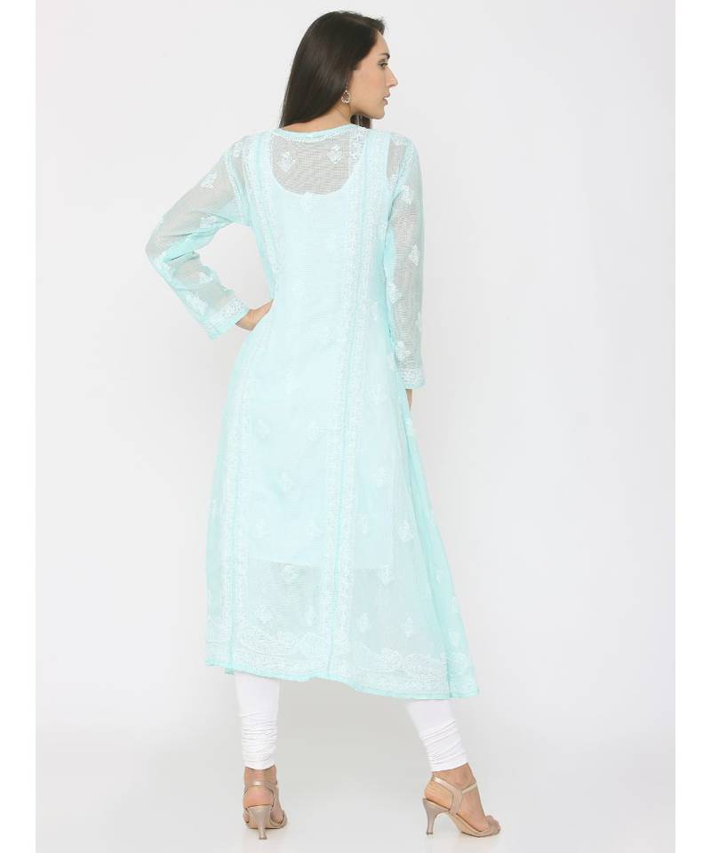 Chikankari Mint Green Kota Angrakha Kurti