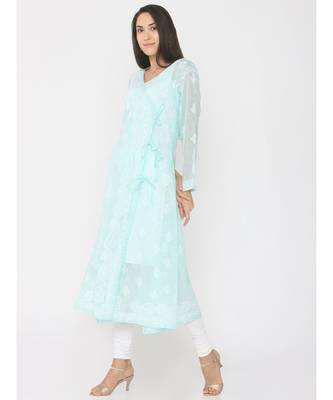 Chikankari Mint Green Kota Angrakha Kurti 3