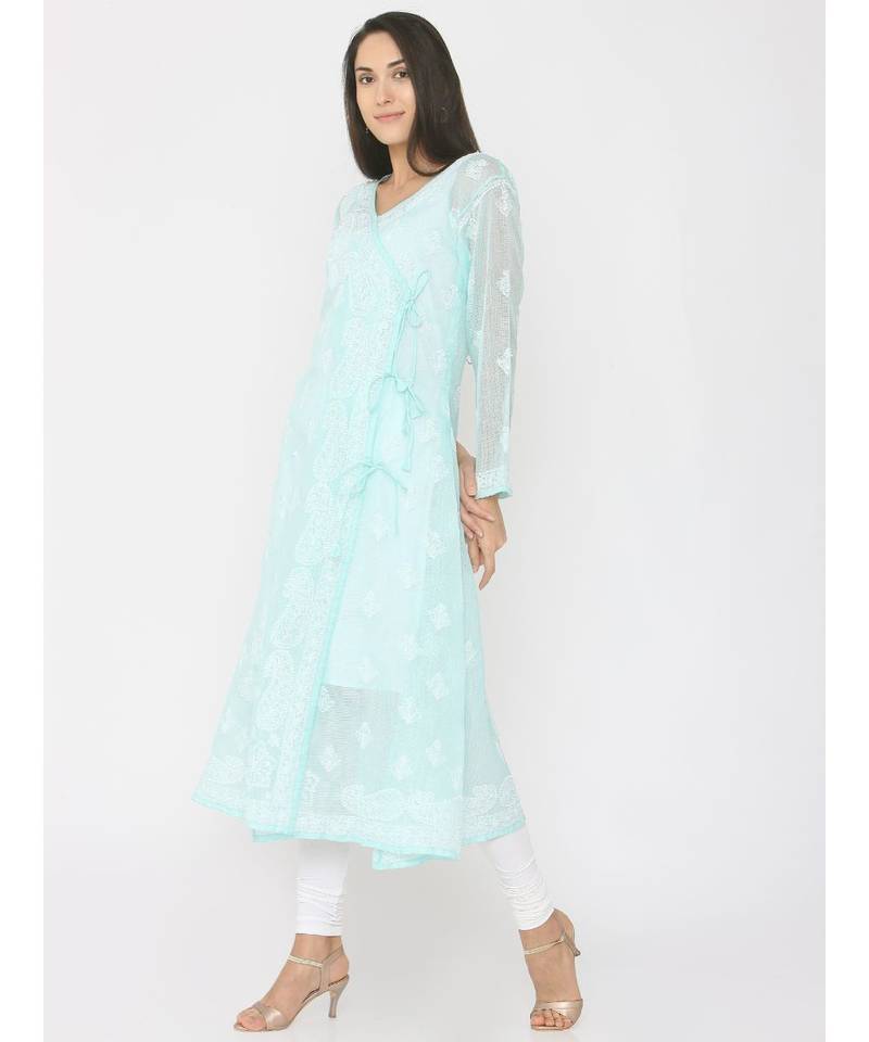 Chikankari Mint Green Kota Angrakha Kurti