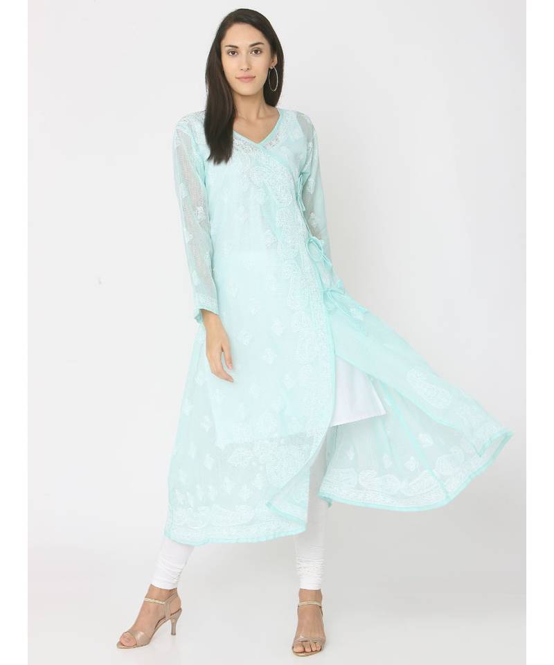 Chikankari Mint Green Kota Angrakha Kurti