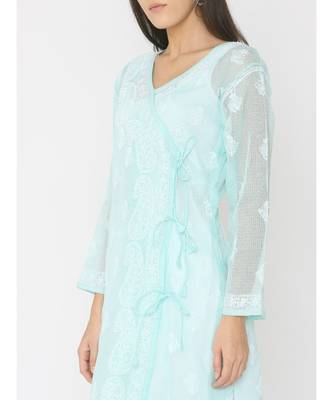 Chikankari Mint Green Kota Angrakha Kurti 5