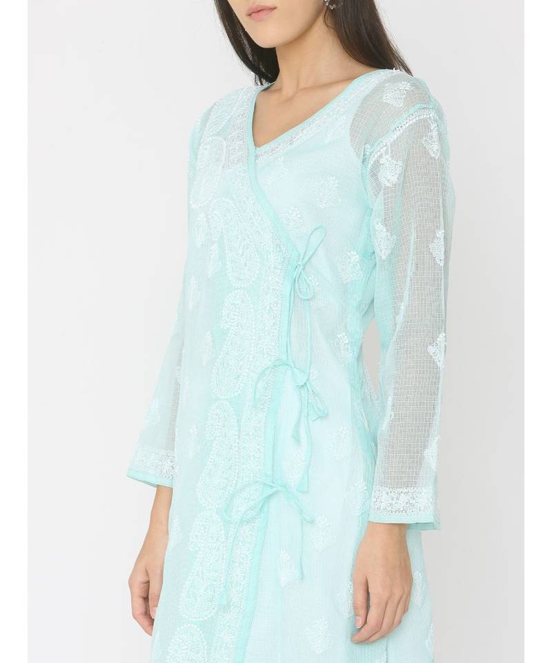 Chikankari Mint Green Kota Angrakha Kurti