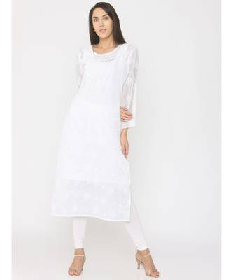 Chikankari White Kota Kurti with Achkan Neck 1