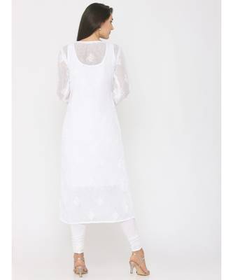 Chikankari White Kota Kurti with Achkan Neck 2