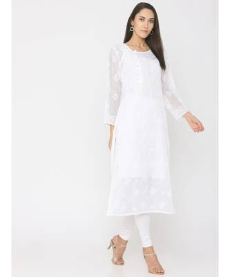 Chikankari White Kota Kurti with Achkan Neck 3