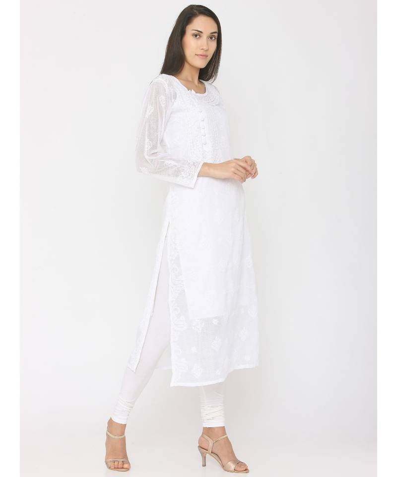 Chikankari White Kota Kurti with Achkan Neck