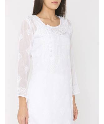 Chikankari White Kota Kurti with Achkan Neck 5
