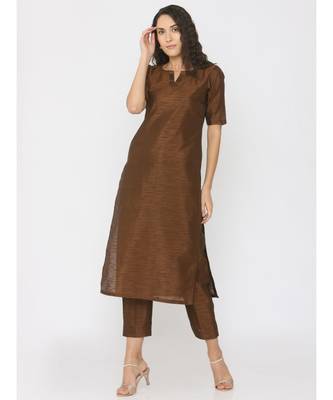 Choclate Brown Silk Round Neck Kurti paired with palazzo 1