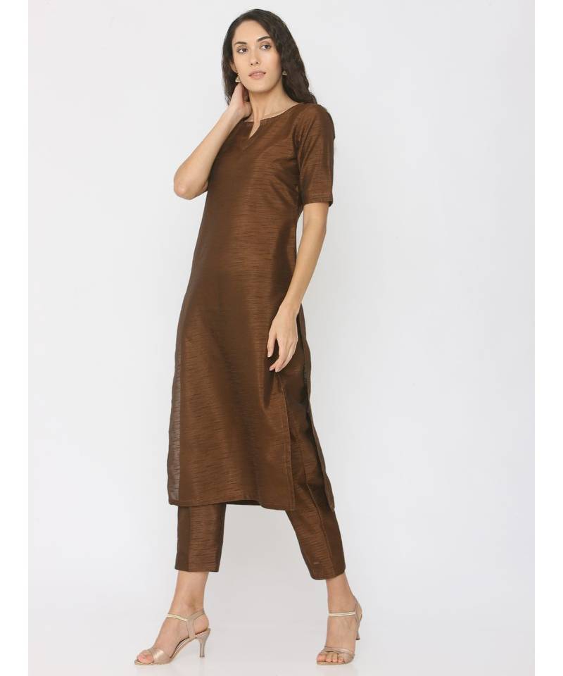 Choclate Brown Silk Round Neck Kurti paired with palazzo
