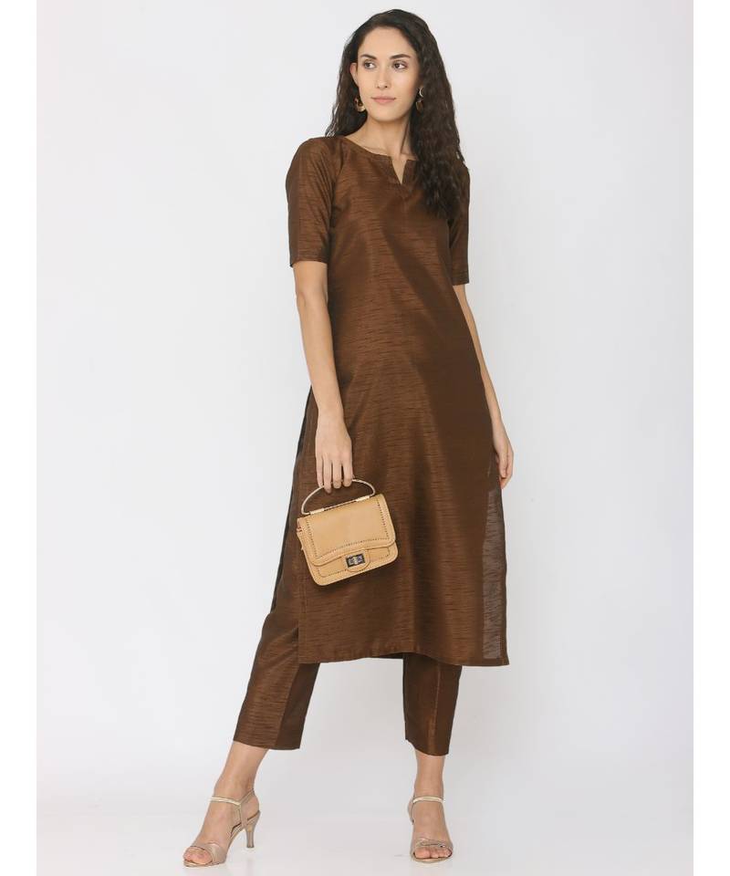 Choclate Brown Silk Round Neck Kurti paired with palazzo