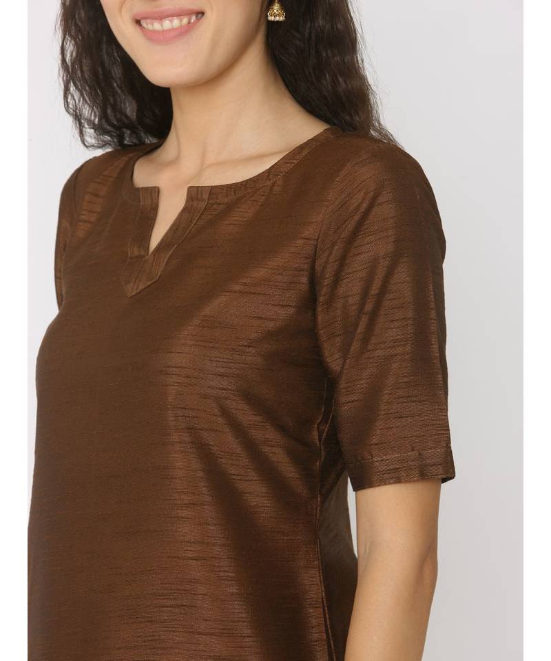 Choclate Brown Silk Round Neck Kurti paired with palazzo