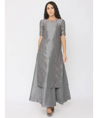 Grey Silk Kurti having Pink Highlights paired with Grey Skirt 1