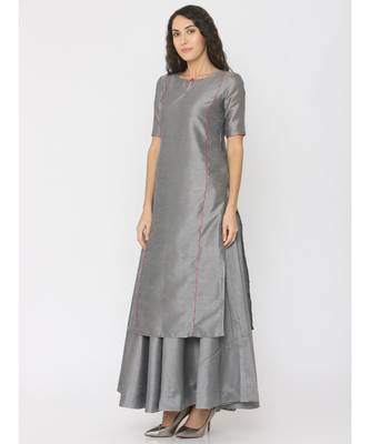 Grey Silk Kurti having Pink Highlights paired with Grey Skirt 3