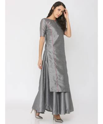Grey Silk Kurti having Pink Highlights paired with Grey Skirt 4