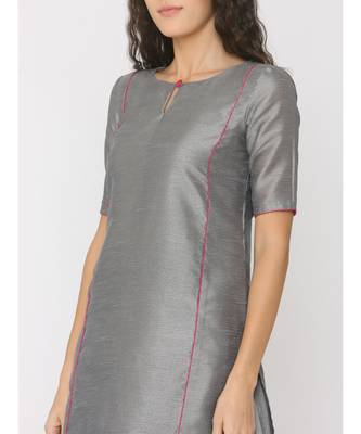 Grey Silk Kurti having Pink Highlights paired with Grey Skirt 5