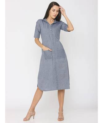 Blue Linen Long Collor Dress with Pockets 1