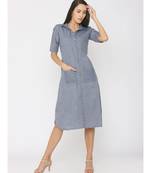 Blue Linen Long Collor Dress with Pockets